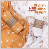Organic Baby Muslin Swaddle Blankets for Boy or Girl - Sun and Rainbow Swaddling Blanket 2 Pack - Soft Muslin, XLarge and Breathable, Boho Baby, 47" X 47"