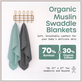 Organic Baby Muslin Swaddle Blankets for Boy or Girl - Solid Grey and Blue Swaddling Blanket 2 Pack - Soft Muslin, XLarge and Breathable, Boho Baby, 47" X 47"