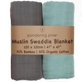 Organic Baby Muslin Swaddle Blankets for Boy or Girl - Solid Grey and Blue Swaddling Blanket 2 Pack - Soft Muslin, XLarge and Breathable, Boho Baby, 47" X 47"