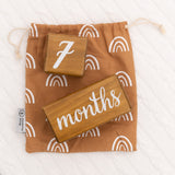 Natural Baby Milestone Age Blocks - Light Brown Pine Wood Milestones Block Set with Bag - Weeks, Months, Years, Grade, Baby Gift