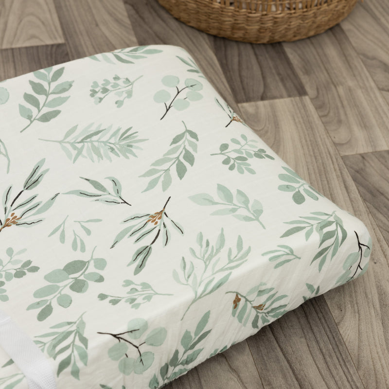 Organic Changing Pad Cover - Organic Cotton and Bamboo Standard Changing Pad Cover - Fitted Baby Changing Mat, Soft and Breathable, Eucalyptus Leaves, 16”x32”