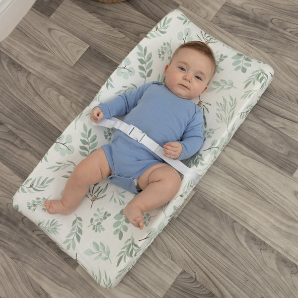 Organic Changing Pad Cover - Organic Cotton and Bamboo Standard Changing Pad Cover - Fitted Baby Changing Mat, Soft and Breathable, Eucalyptus Leaves, 16”x32”