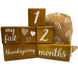 Pondering Pine Baby Milestone Blocks - Natural Brown Stain Pine Wood with Weeks Months Years Grade and Holidays, Newborn Weekly Monthly First Year Picture Props, 6 Block Milestones Age Set with Bag