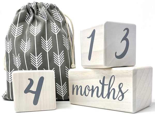 Natural Baby Milestone Age Blocks - White Stain Pine Wood Milestones Block Set with Bag - Weeks, Months, Years, Grade, Baby Gift