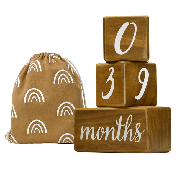 Natural Baby Milestone Age Blocks - Light Brown Pine Wood Milestones Block Set with Bag - Weeks, Months, Years, Grade, Baby Gift