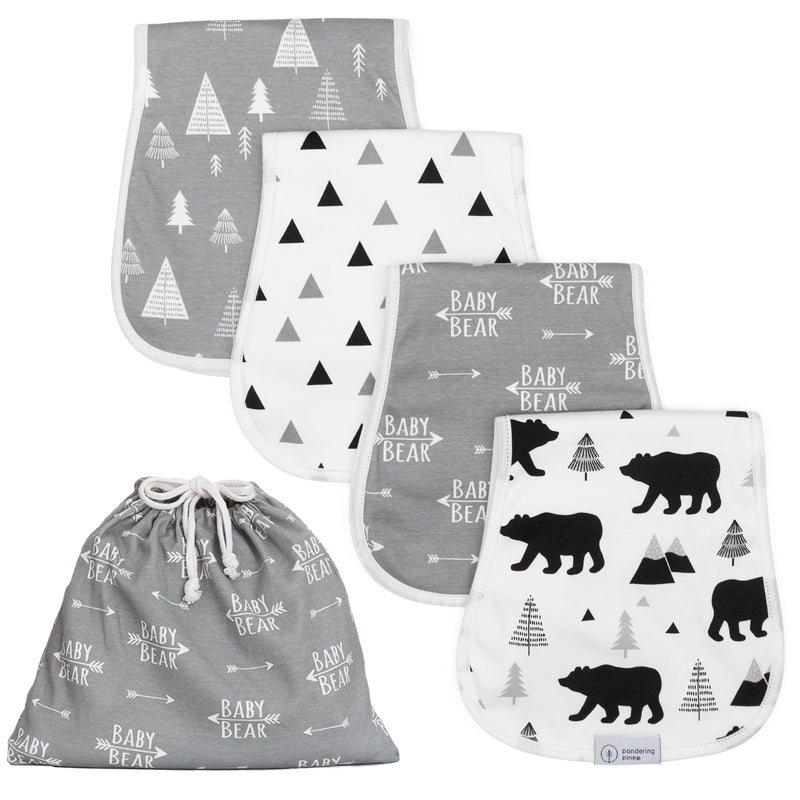 Organic Baby Burp Cloths with Burp Cloth Bag - Baby Bear Burping Cloths - XLarge and Absorbent Soft Spit Up Rags, Woodland Nursery, 4 Pack