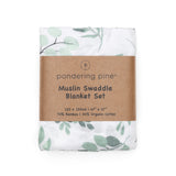 Organic Swaddle Blanket and Hat Set - Organic Cotton and Bamboo Muslin, Boho Eucalyptus Leaves, Birth Announcement Card, 47" x 47"