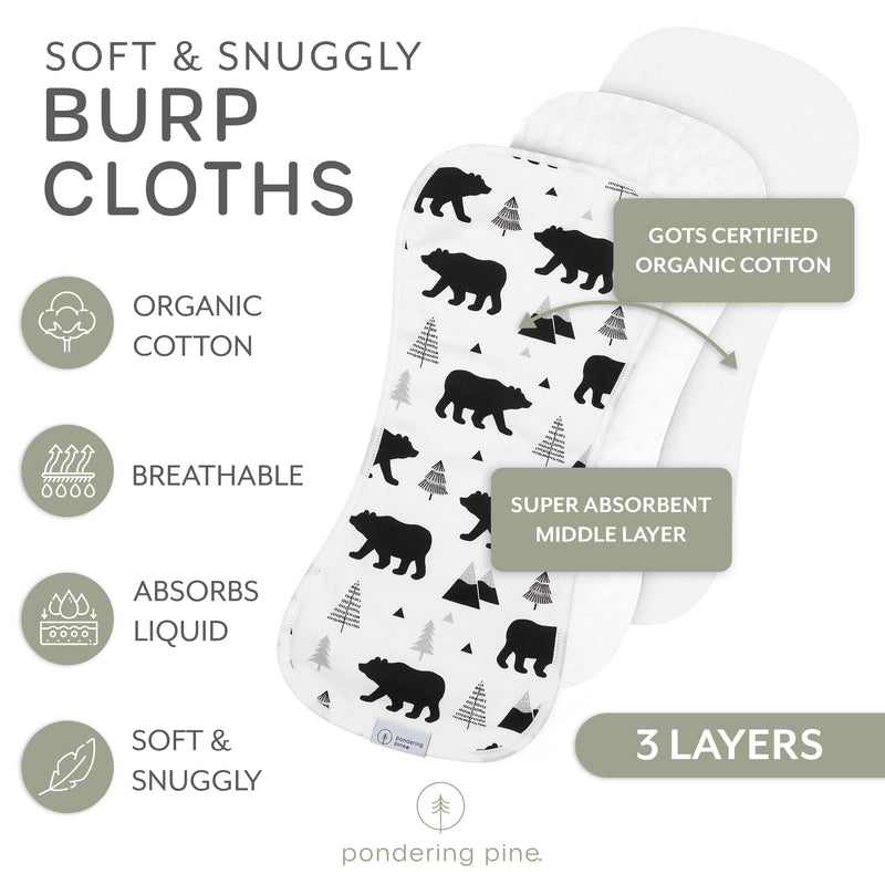Organic Baby Burp Cloths with Burp Cloth Bag - Baby Bear Burping Cloths - XLarge and Absorbent Soft Spit Up Rags, Woodland Nursery, 4 Pack