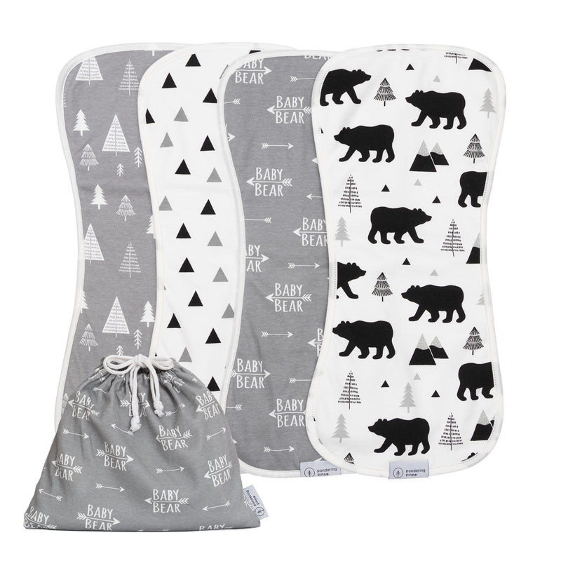 Organic Baby Burp Cloths with Burp Cloth Bag - Baby Bear Burping Cloths - XLarge and Absorbent Soft Spit Up Rags, Woodland Nursery, 4 Pack