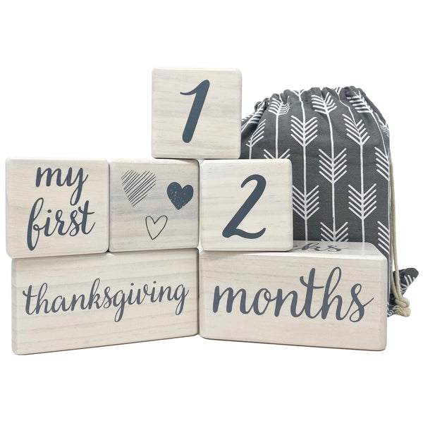 Baby Milestone Blocks - Natural White Stain Pine Wood with Weeks Months Years Grade and Holidays, 6 Block Milestones Age Set with Bag