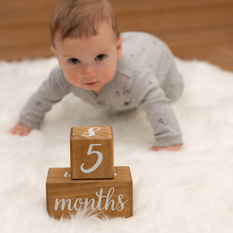 Natural Baby Milestone Age Blocks - Light Brown Pine Wood Milestones Block Set with Bag - Weeks, Months, Years, Grade, Baby Gift