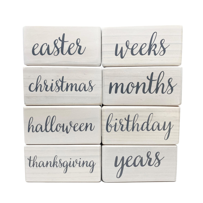 Baby Milestone Blocks - Natural White Stain Pine Wood with Weeks Months Years Grade and Holidays, 6 Block Milestones Age Set with Bag