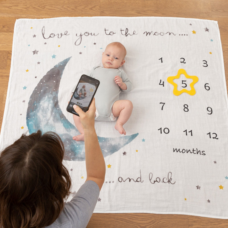 Organic Baby Monthly Milestone Blanket Moon and Stars - Love You To The Moon and Back Milestone Blanket with Months Marker for Baby Boy - 47”x47”