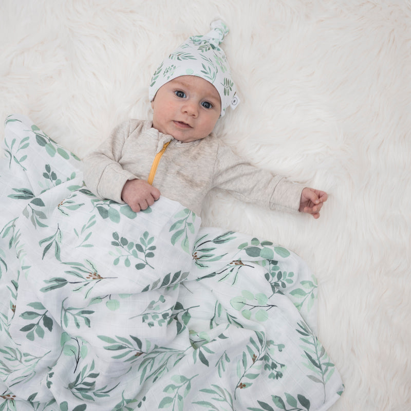 Organic Swaddle Blanket and Hat Set - Organic Cotton and Bamboo Muslin, Boho Eucalyptus Leaves, Birth Announcement Card, 47" x 47"