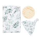 Organic Swaddle Blanket and Hat Set - Organic Cotton and Bamboo Muslin, Boho Eucalyptus Leaves, Birth Announcement Card, 47" x 47"