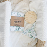 Organic Swaddle Blanket and Hat Set - Organic Cotton and Bamboo Muslin, Boho Eucalyptus Leaves, Birth Announcement Card, 47" x 47"